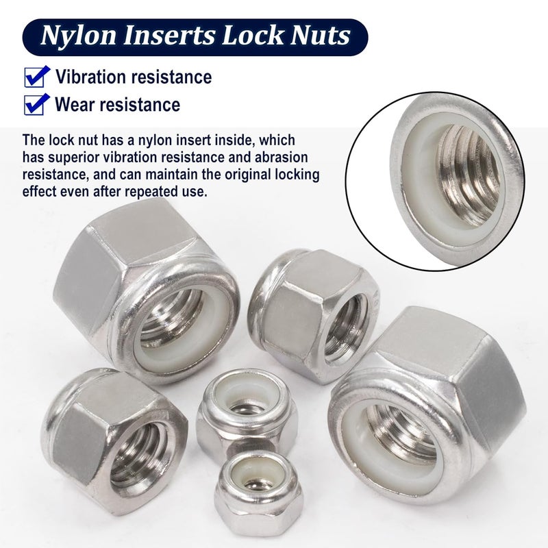 ZQZ 345 Pack SAE Hex Nut & Locknuts Assortment Kit,4#40 6#32 8#32 10#24 10#32 12#24 1/4-20 5/16-18 3/8-16 7/16-14 1/2-13 1/4-20 304 Stainless Steel Standard Thread Nylon Insert Lock Nuts Set - Image 5